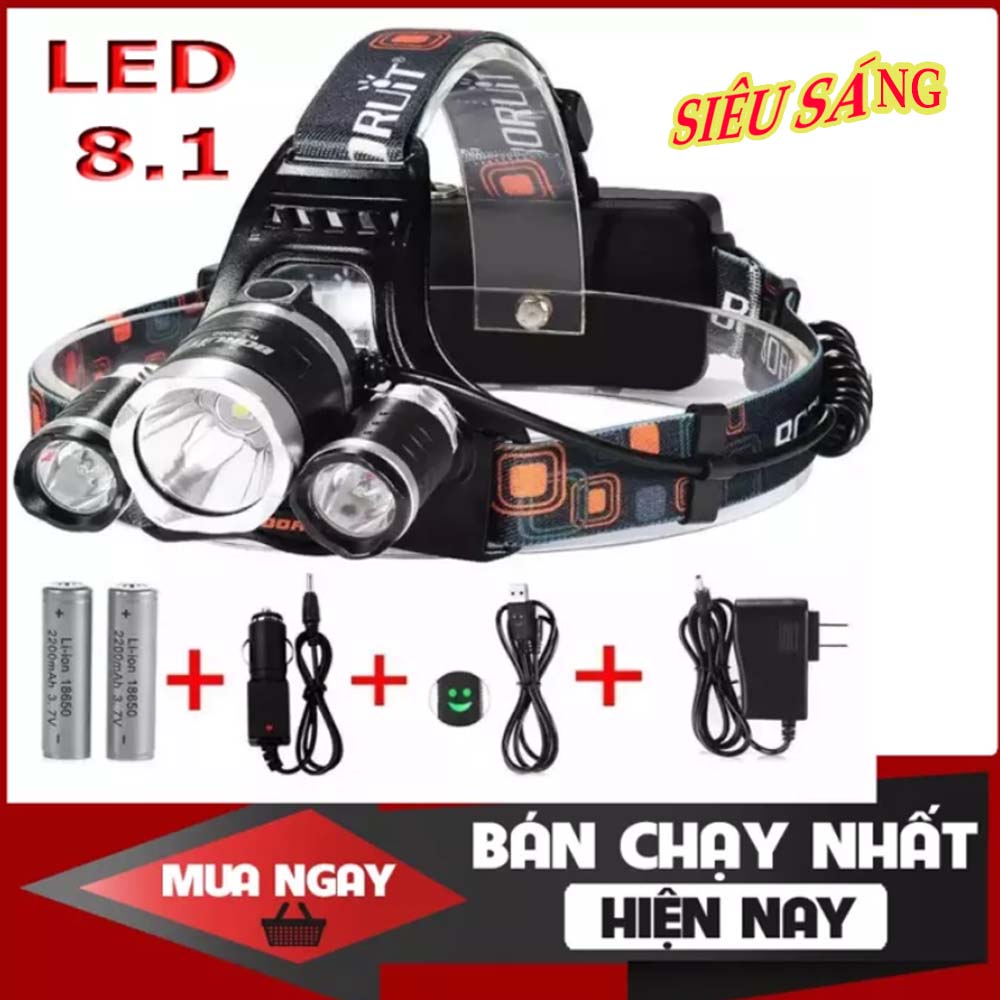 Đèn đeo 3 bóng Đèn bin đội đầu đèn đi phượt tiện dụng Chế độ sáng4 chế độ kèm 2 pin sạc và 1 cốc sạc 2020.