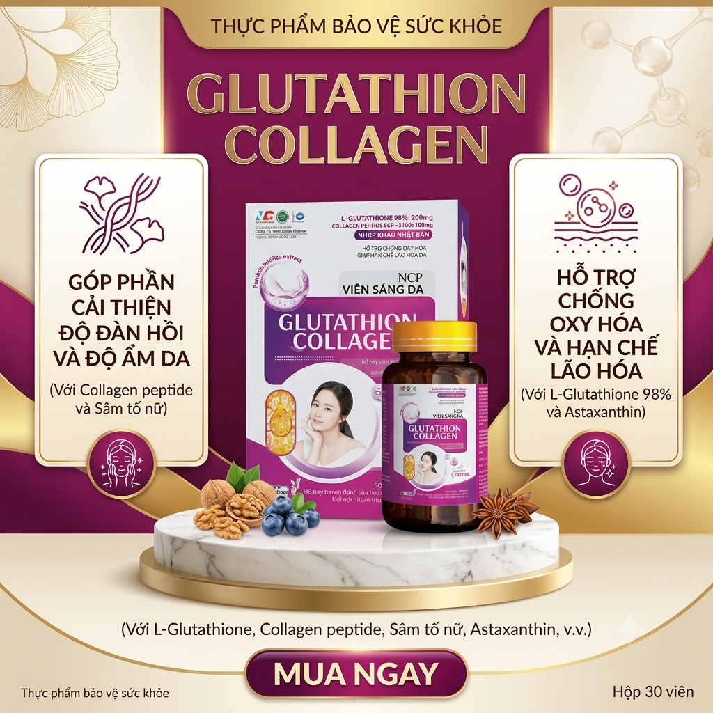 TPBVSK Glutathione Collagen với Collagen peptide và Sâm tố nữ. Hỗ trợ chống oxy hóa và hạn chế lão hóa. Hỗ trợ 30 viên.