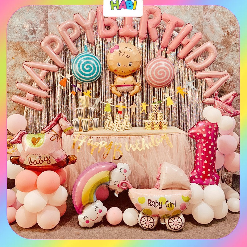 Set bóng bóng trang trí tiệc sinh nhật happy birthday chủ đề Mickey cho bé gái tuổi chuột siêu dễ thương C01