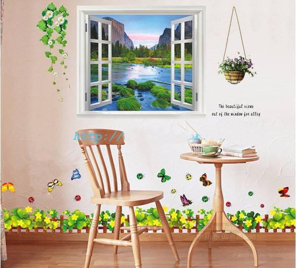 Combo 2 bức decal dán tường khung cửa sổ và chân tường cỏ 3 lá