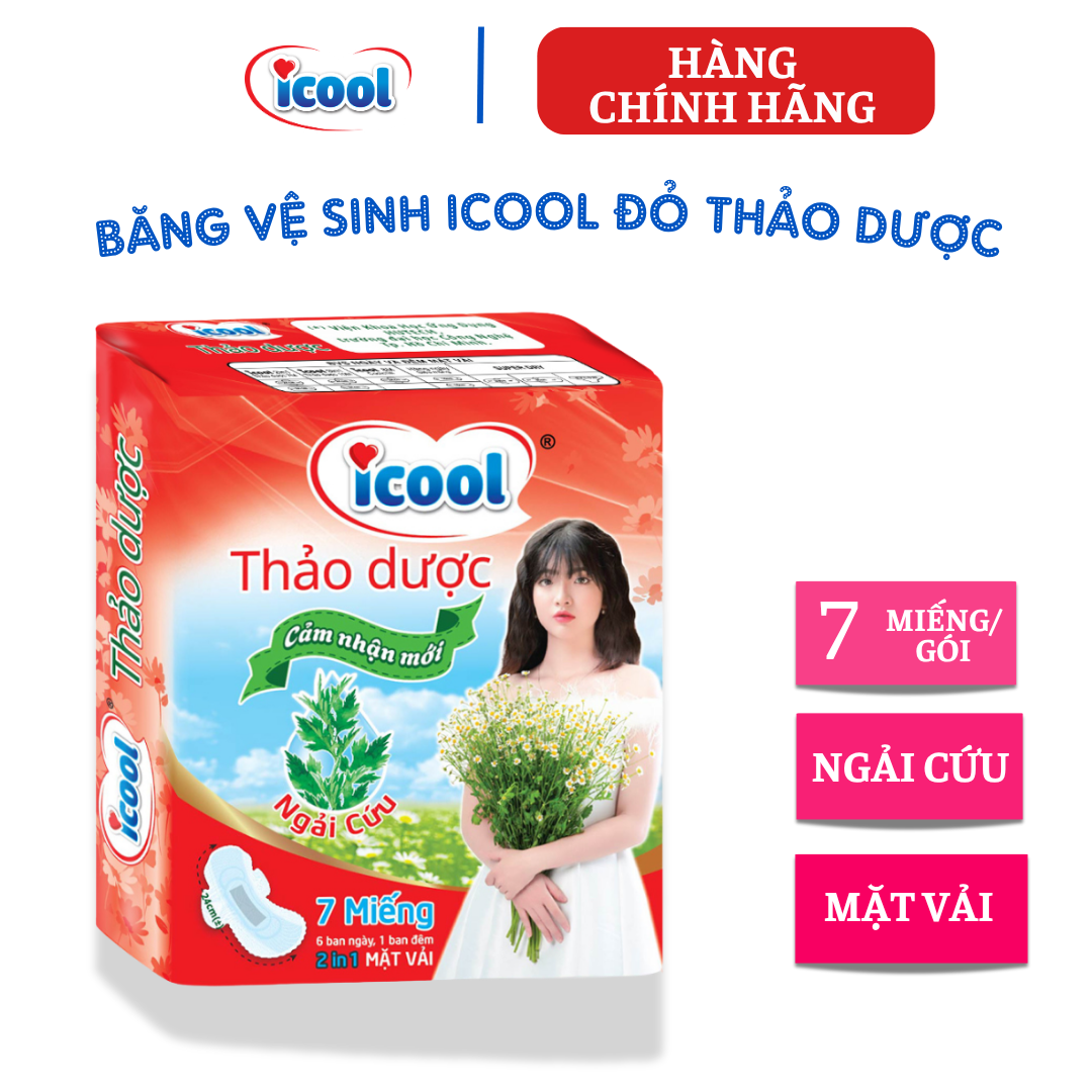 {Hàng chính hãng} Băng vệ sinh ICOOL Thảo Dược Ngải Cứu  Mới 7 miếng, BVS ban ngày 24cm, có cánh, MẶT VẢI  siêu mềm, KHÔNG MÁT