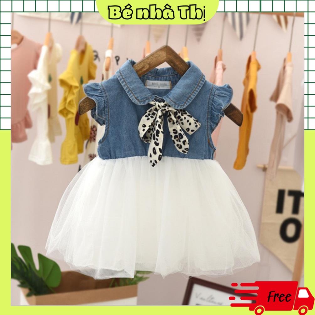 Váy bò bé gái dáng xòe cộc tay thắt nơ cotton mềm mát vx08 - bé nhà thị