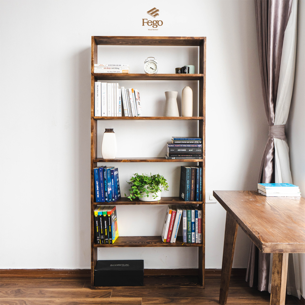 Giá sách gỗ 6 tầng không chia ngăn- Kệ sách đồ gỗ tự nhiên- Nội thất FEGO