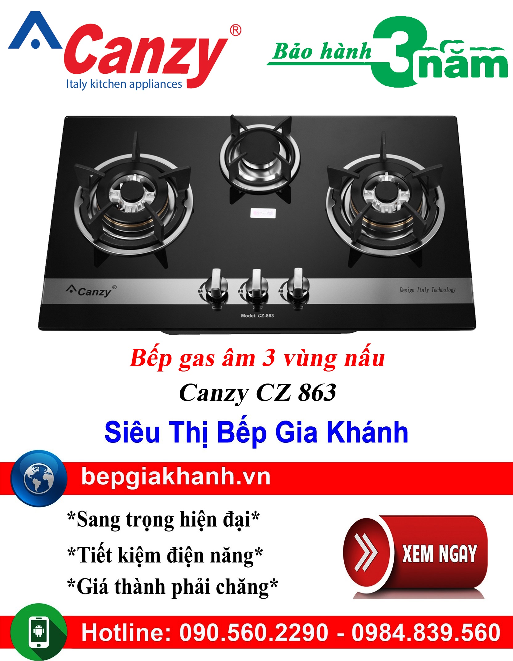 Bếp gas âm 3 vùng nấu Canzy CZ 863, bếp gas, bếp gas đôi, bếp gas đơn, bếp gas âm, bếp ga, bếp ga đôi, bếp ga đơn, bếp ga âm, bep ga, bep gas