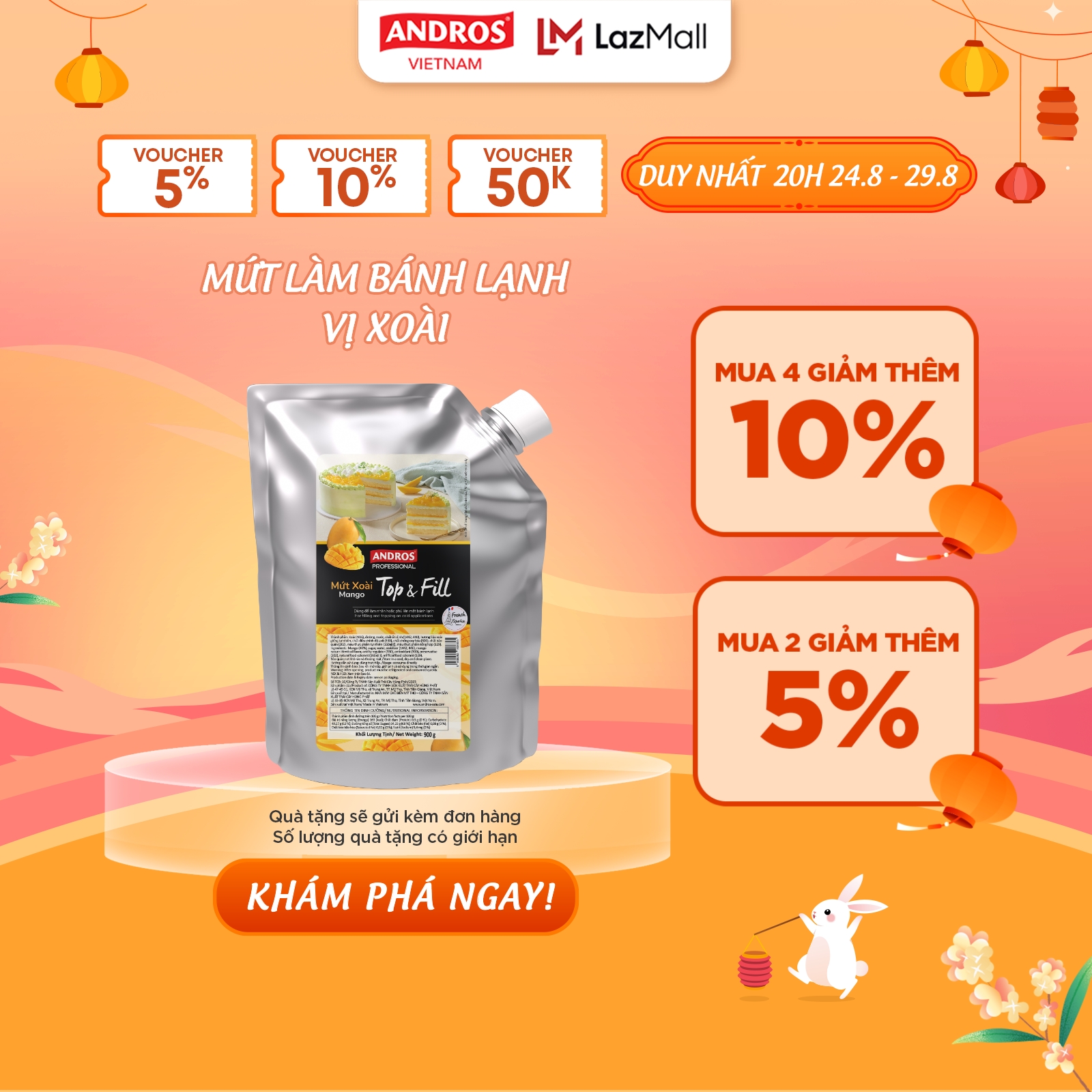 Mứt trái cây dùng cho bánh lạnh vị xoài - có miếng trái cây thật - andros top & fill - 900g