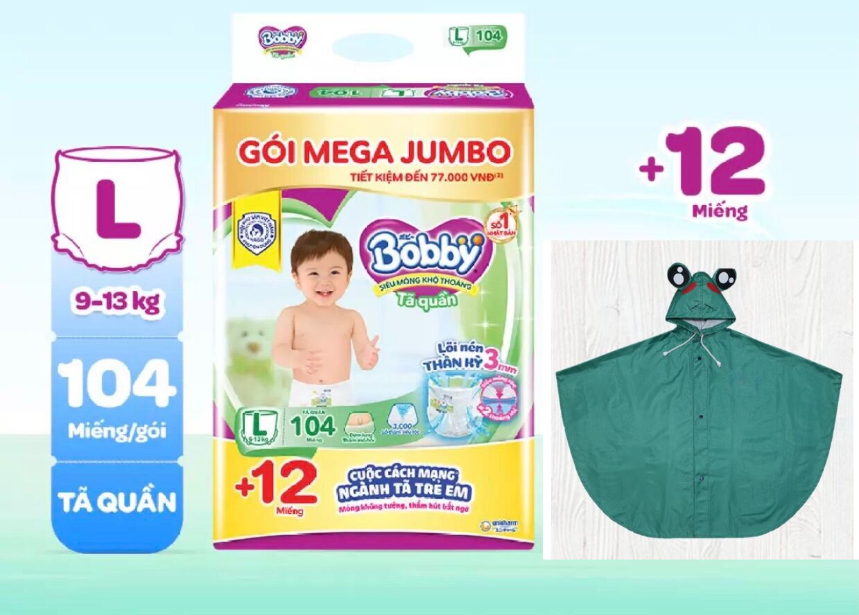 Tả quần bobby mới mega jumbo m120/ l104/ xl 92/xxl 84 +tặng 12 miếng-tặng áo mưa cho bé