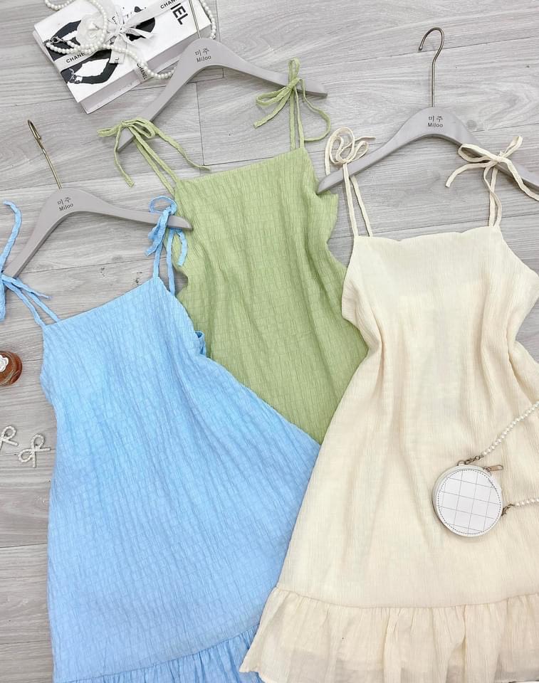 Đầm xốp 2 dây cột nơ 3 màu, váy xốp nữ dây xòe đuôi cá cho nữ dáng ngắn midi xinh xắn