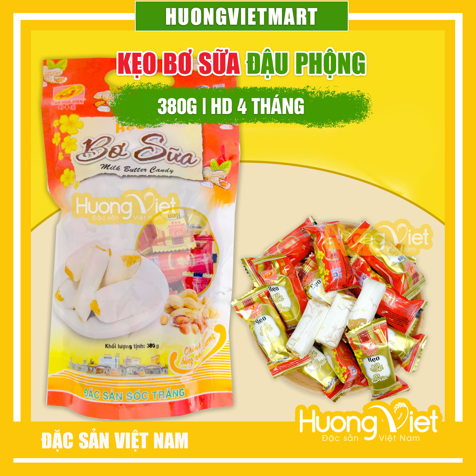  Kẹo kéo kẹo lạc kẹo dồi lạc vừng - Kẹo bơ sữa đậu phộng cao cấp Tân Huê Viên 380g kẹo đậu phộng giòn thơm bánh kẹo tết 