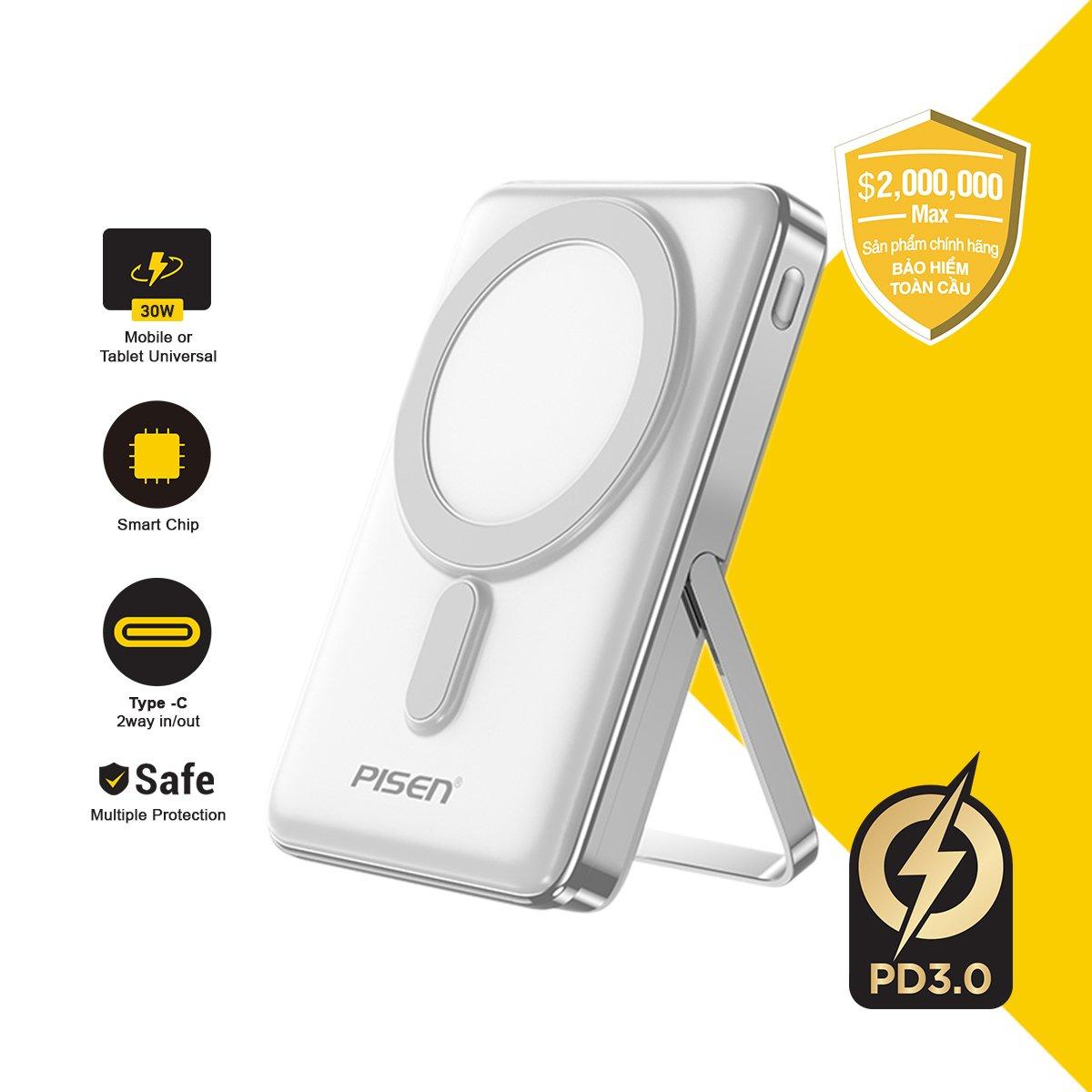 [PISEN] Sạc Dự Phòng Không Dây Siêu Nhỏ | Sạc Nhanh 30W, 2 Chế Độ Sạc, Có Chân Đỡ, Thích Hợp Cho Các