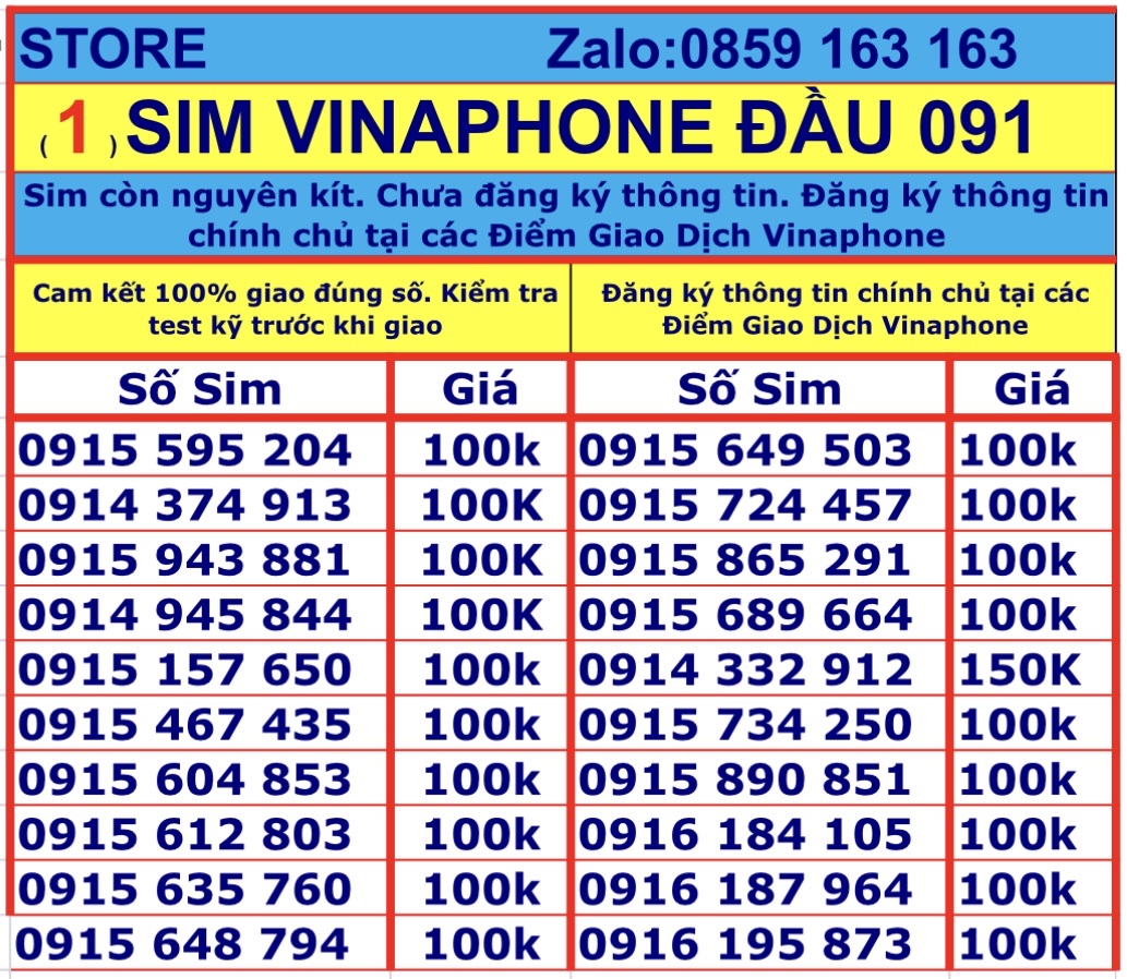 Sim vinaphone số đẹp đầu số 091 - sim vina trả trước