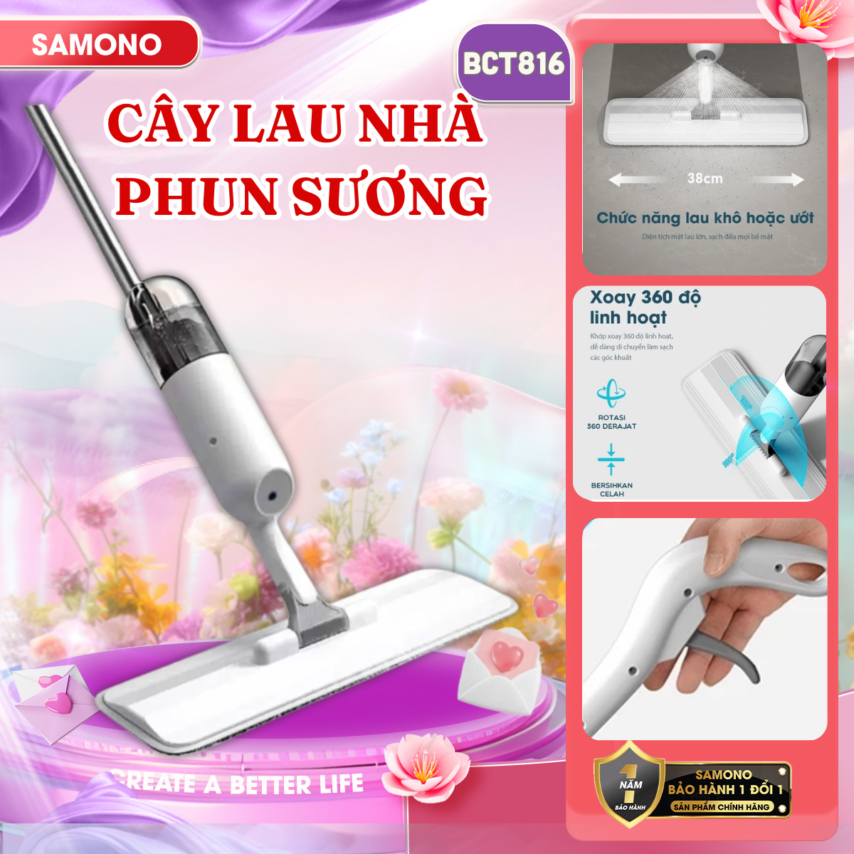 Samono Smart Mist Spray Mop with Stainless Steel Handle That Rotates 360 Degrees Flexibly for Cleaning the House, Durable and Clean, Bonbox Bct816/ Self-Wringing Mop Bonbox Bct701