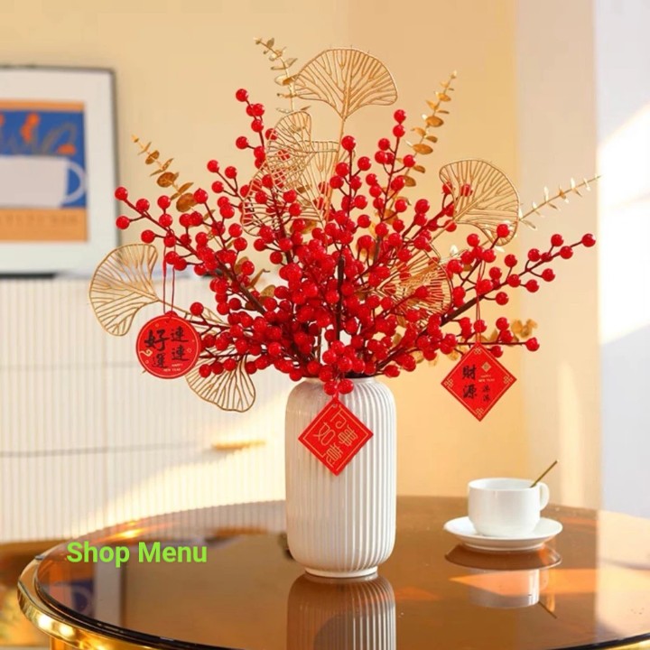 Combo cành đào đông đỏ dẻ quạt lá táo decor trang trí tết, sét cành đào đông đỏ