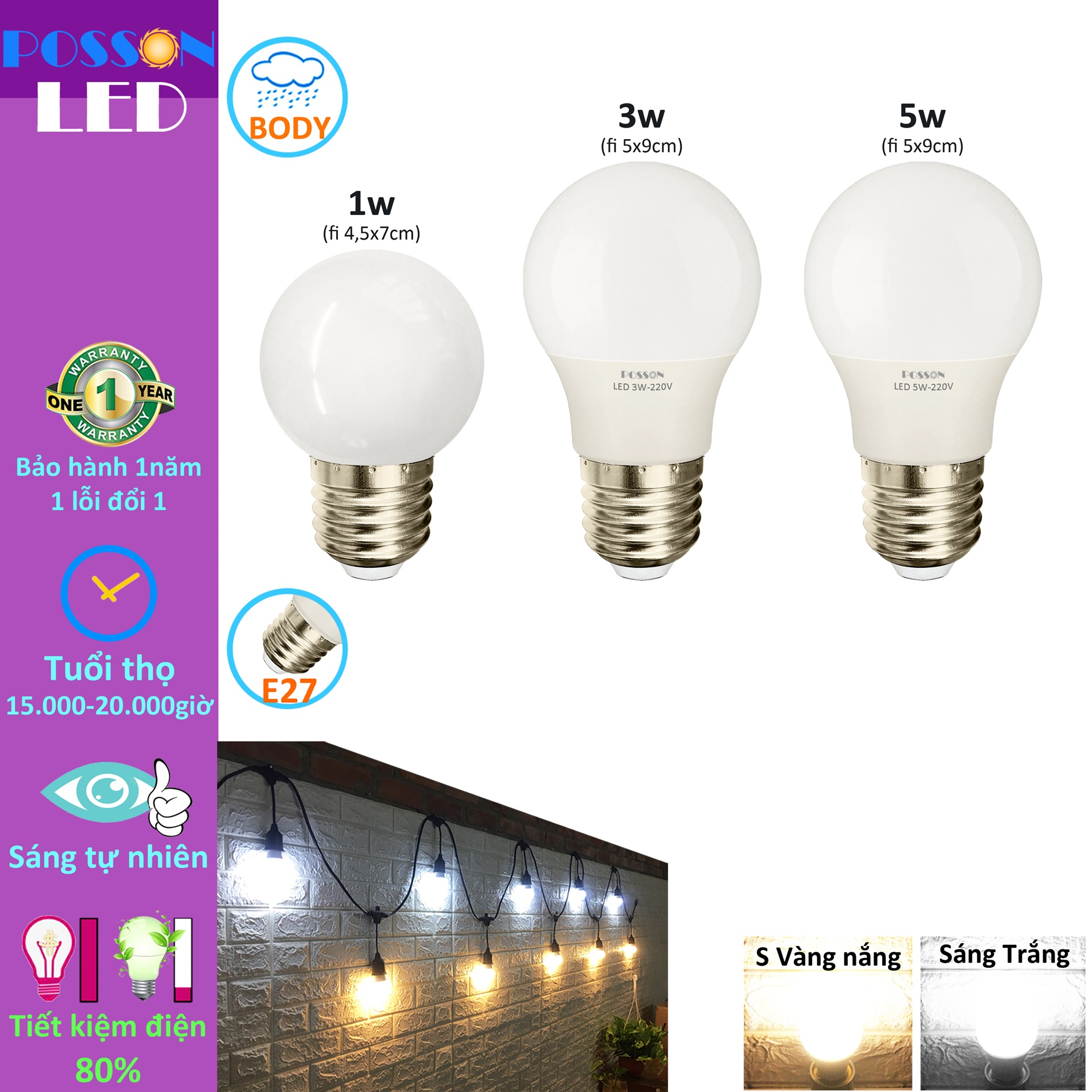 Sỉ100 Bóng đèn LED tròn 1w 3w 5w trang trí chống nước mưa ngoài trời sáng vàng trắg đui E27 AC220v Posson LB-135x
