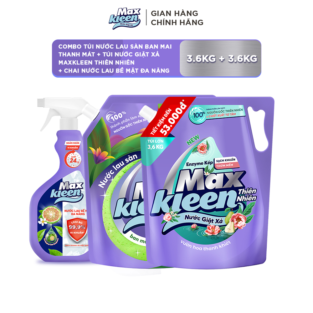 Combo Túi Nước Lau Sàn 3.6kg + Túi Nước Giặt Xả MaxKleen Thiên Nhiên 3.6kg + Chai nước lau bề mặt đa năng