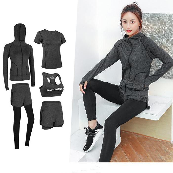Bộ đồ thể thao nữ, Bộ đồ tập gym nữ, Set tập gym Min 5 mảnh gồm áo khoác hoodie, áo thun, áo bra, quần short ngắn, quần dài chất liệu cao cấp co giãn bốn chiều G020