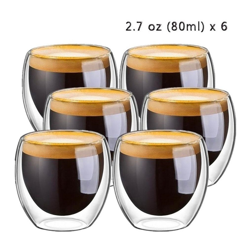 [Ship từ Tp.HCM] chất lượng cao 6 cái 80ml 2.7oz Thủy tinh hai vách ngăn cách nhiệt Tumbler Espresso tách trà cốc cà phê