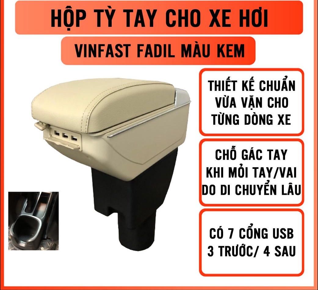 Hộp tỳ tay cho xe VINFAST FADIL - 7 cổng usp, 2 ngăn đựng đồ tiện ích