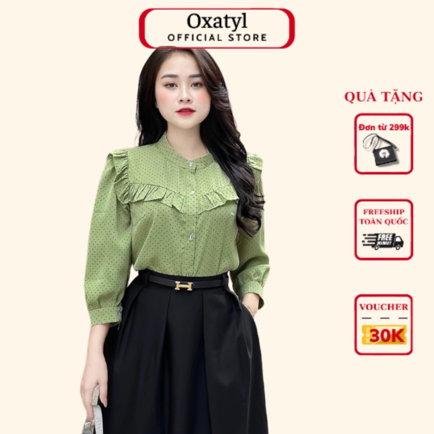 Áo Sơ mi chấm bi cổ Եàu Oxatyl tay lỡ M501 Chất liệu vải lụa mát