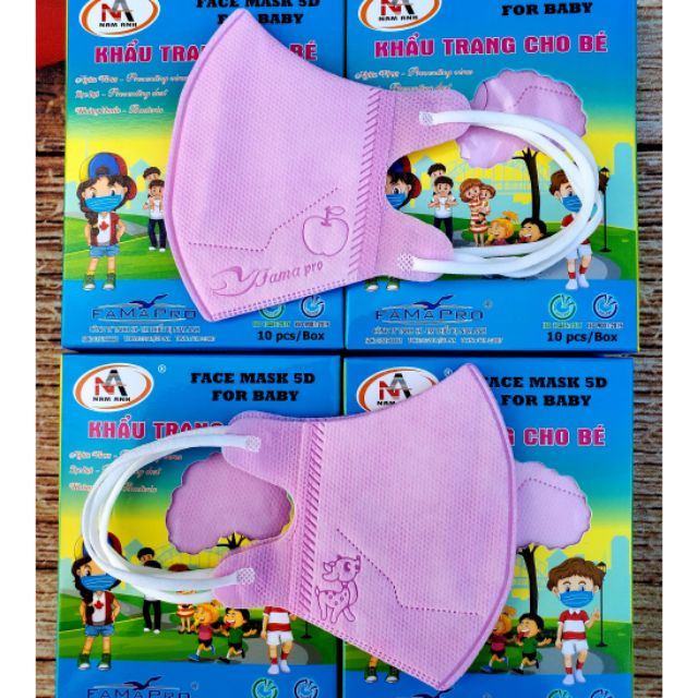 (FREESHIP ĐẾN 50k) (Made in Vietnam) (MÀU HỒNG) Hộp 10 khẩu trang trẻ em 5D kháng khuẩn cao cấp Famapro (Cty Nam Anh) NAM3