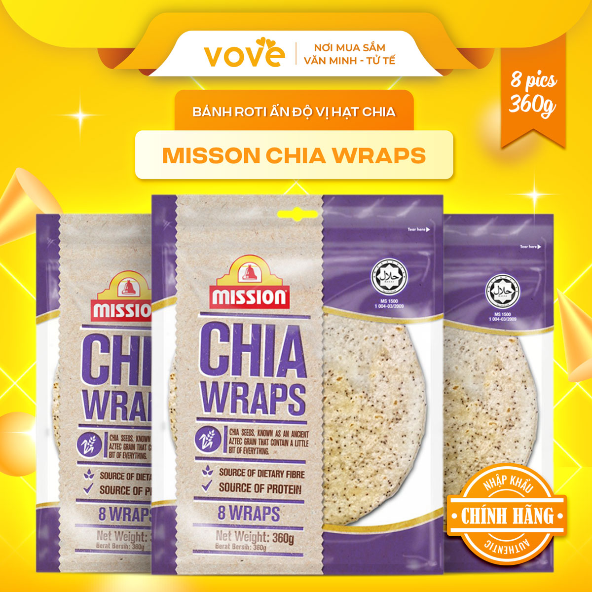Bánh Roti Ấn Độ vị hạt chia MISSON Chia Wraps, 8 pics, 360gr