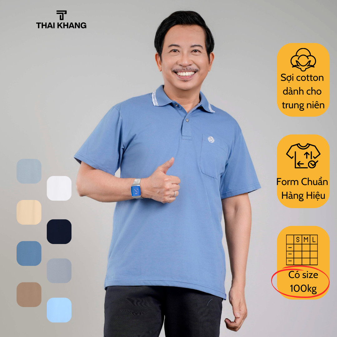 Áo thun nam trung niên Thái Khang sọc cổ  form rộng rãi vải cotton mềm mát ATK6