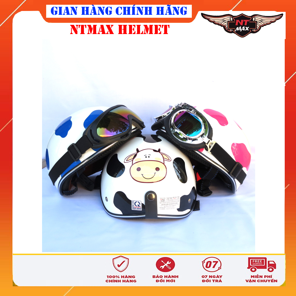 Mũ bảo hiểm 1/2 ntmax tem bò sữa kính phi công & kính uv