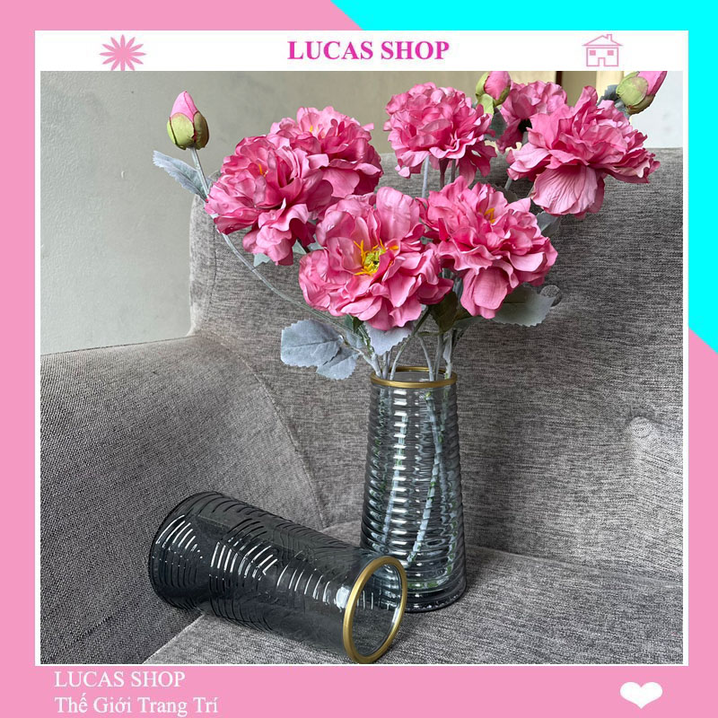 Lọ cắm hoa thuỷ tinh màu khói viền vàng cao cấp, decor nhà cửa, trang trí cửa hàng cắm bình thuỷ tinh B036