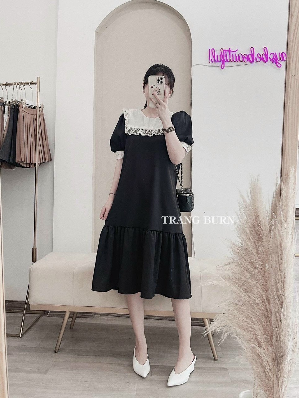 Đầm bầu công sở đen phối ren cao cấp