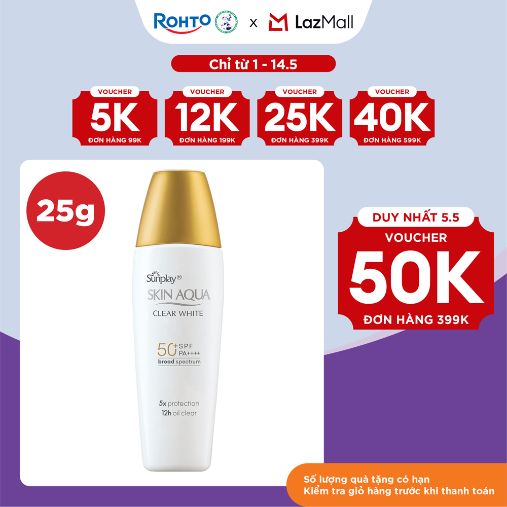 Kem chống nắng Skin Aqua dưỡng trắng, kiểm dầu, dùng hàng ngày dạng sữa Sunplay Skin Aqua Clear White Eco Việt Nam SPF50, PA++++ 25g