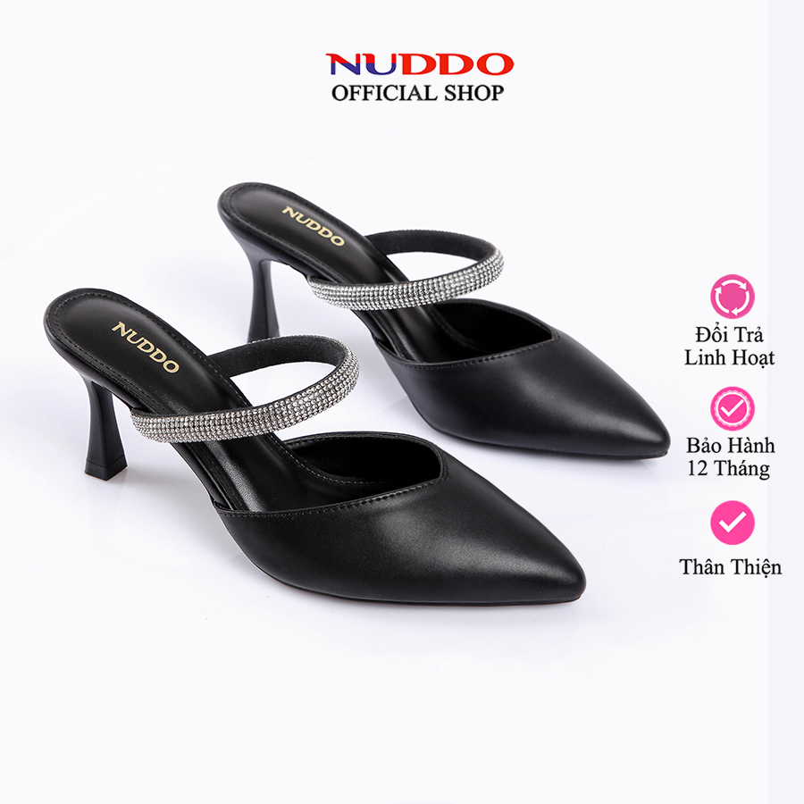 Giày sục nữ mũi nhọn 7 phân, guốc sandal cao gót 7cm hở gót phối dây đá sang trọng nuddo ns09