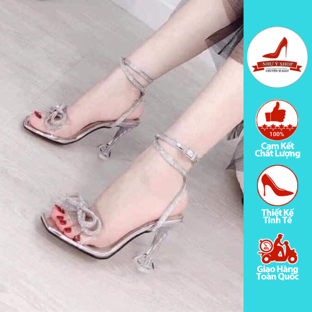 Giày sandal cao gót quai ngang trong nơ đá gót nhọn 9 phân 2 vòng đá cổ chân