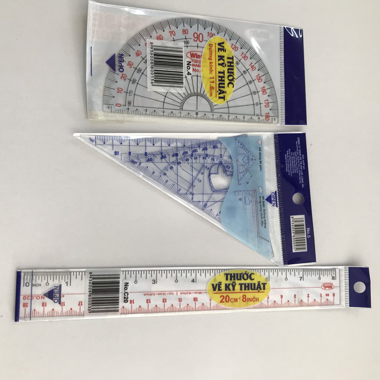 [HCM]Bộ 4 cây thước kỹ thuật thẳng dẻo (20cm) - eke nhỏ ( 2 cây) - đo độ ( 11.8 cm)