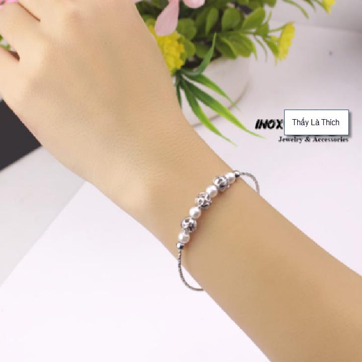 Vòng tay nữ inox dạng hở cách điệu trái châu phối ngọc trai - Tự thu nhỏ theo vòng tay - Cam kết 1 đổi 1 nếu hoen , gỉ sét