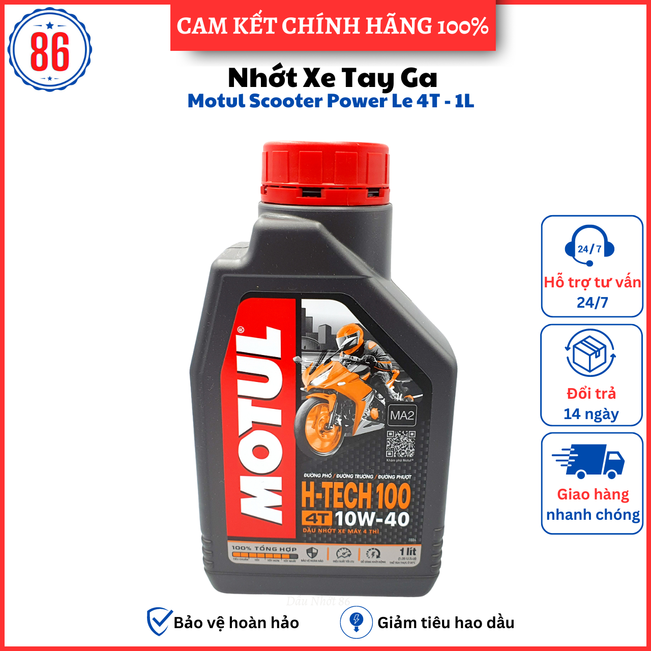 Nhớt tổng hợp 100% Motul H-Tech 1L dành cho xe số côn tay
