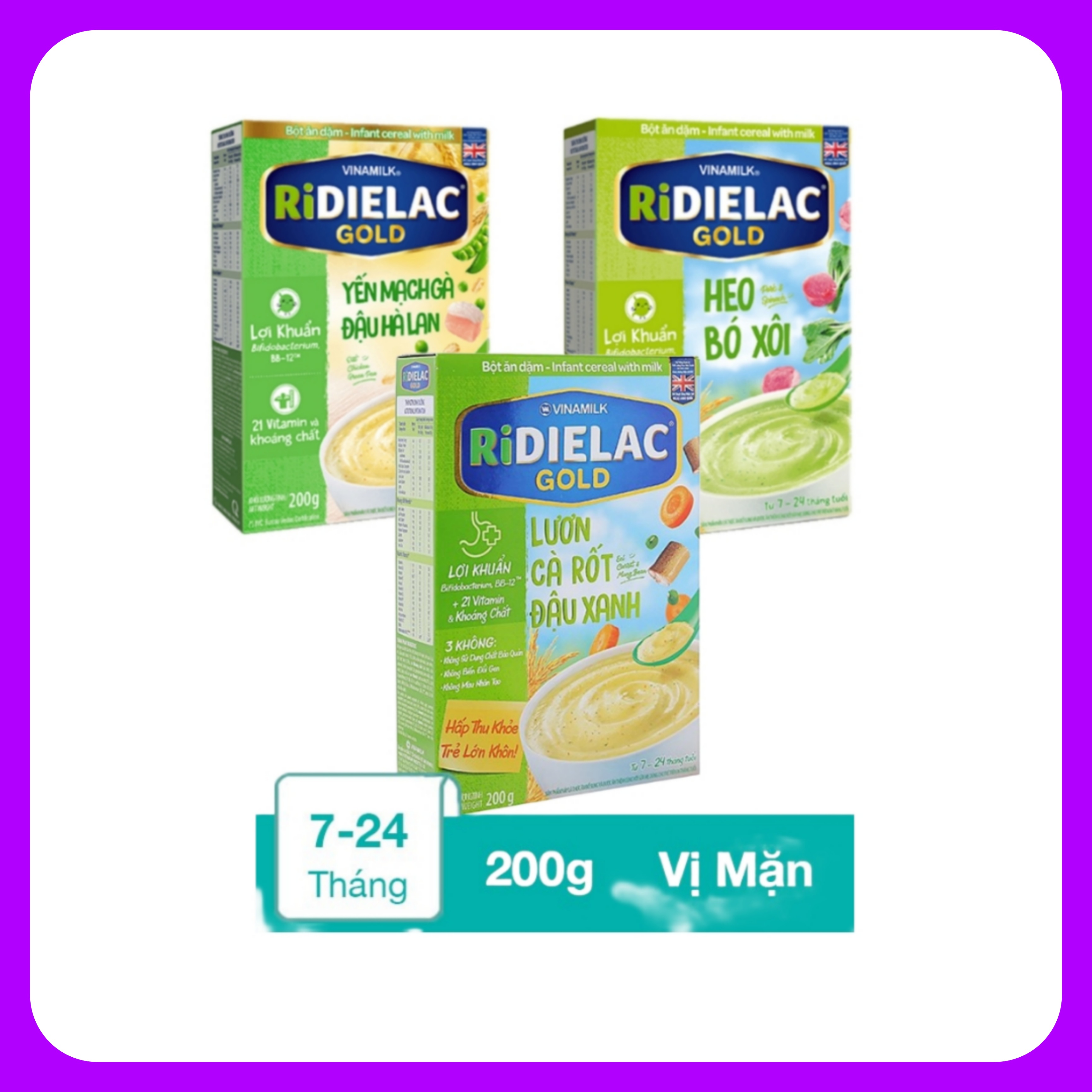 [BỘ 3 HỘP 200G VỊ MẶN] Bột ăn dặm Ridielac Vinamilk Yến mạch gà đậu hà lan, Heo Bó xôi, Lươn cà rốt đậu xanh
