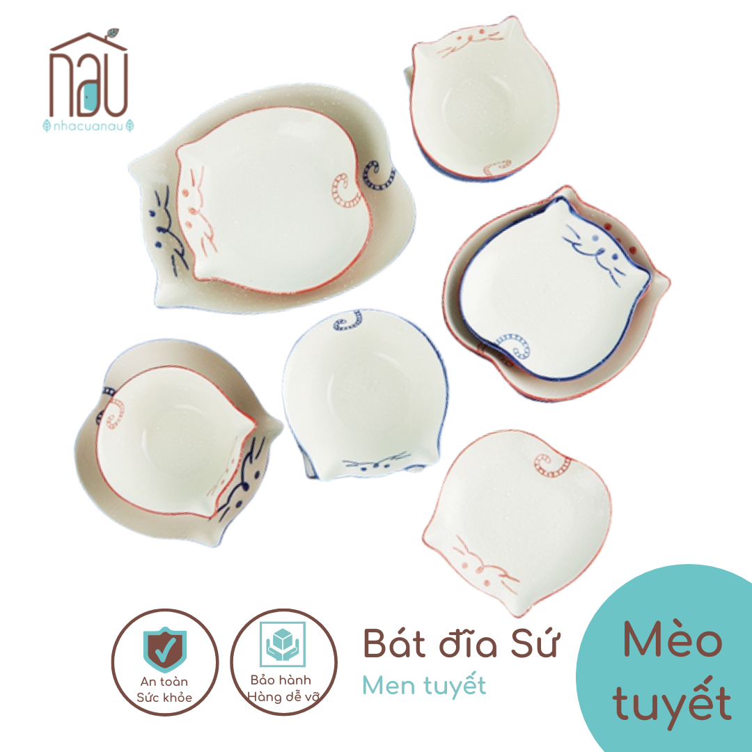 Bát đĩa sứ Mèo men tuyết bền  đẹp có hai màu xanh, đỏ; dành riêng cho hội cuồng mèo và cũng là một món quà tặng độc đáo