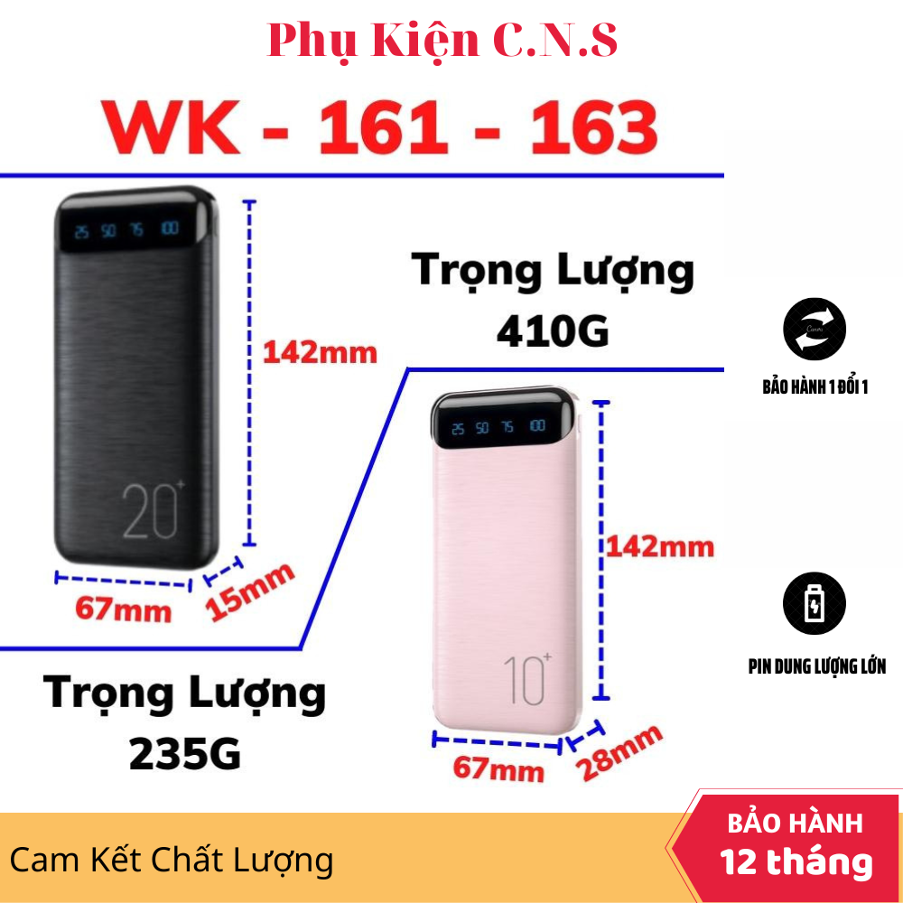 Pin sạc dự phòng 20.000mah/10.000mah, wp-163/ wp-161 cns pin chính hãng wk, màn hình led, bảo hành 12 tháng