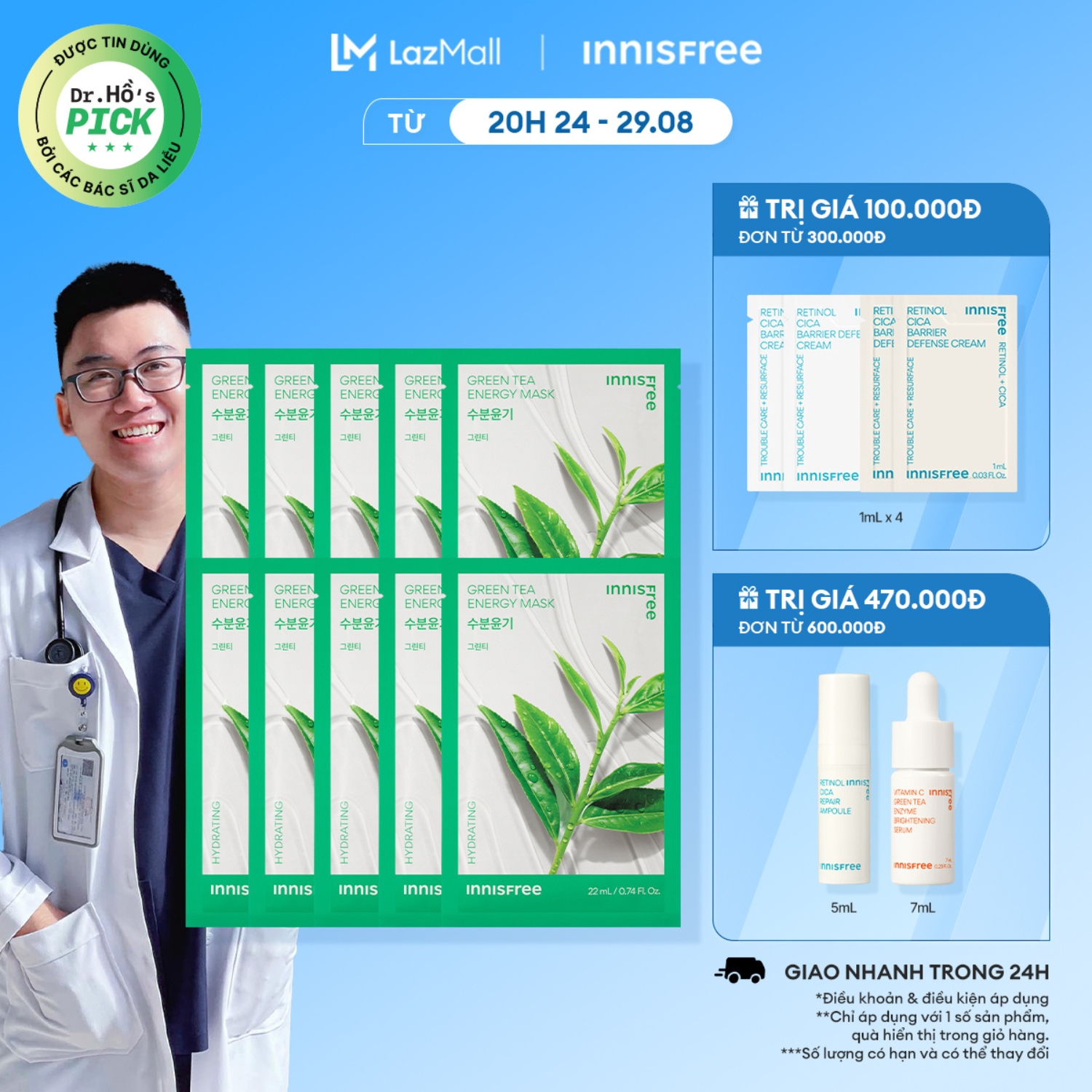 Combo 10 mặt nạ giấy dưỡng da hàn quốc innisfree energy mask - green tea 22ml