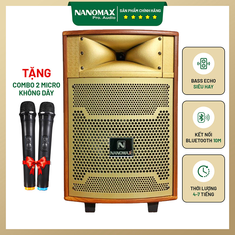 Loa kéo karaoke nanomax s-10b bass 25 đọc được usb thẻ nhớ công suất 120w tay kéo vân gỗ tặng 2 mic bluetooth j111