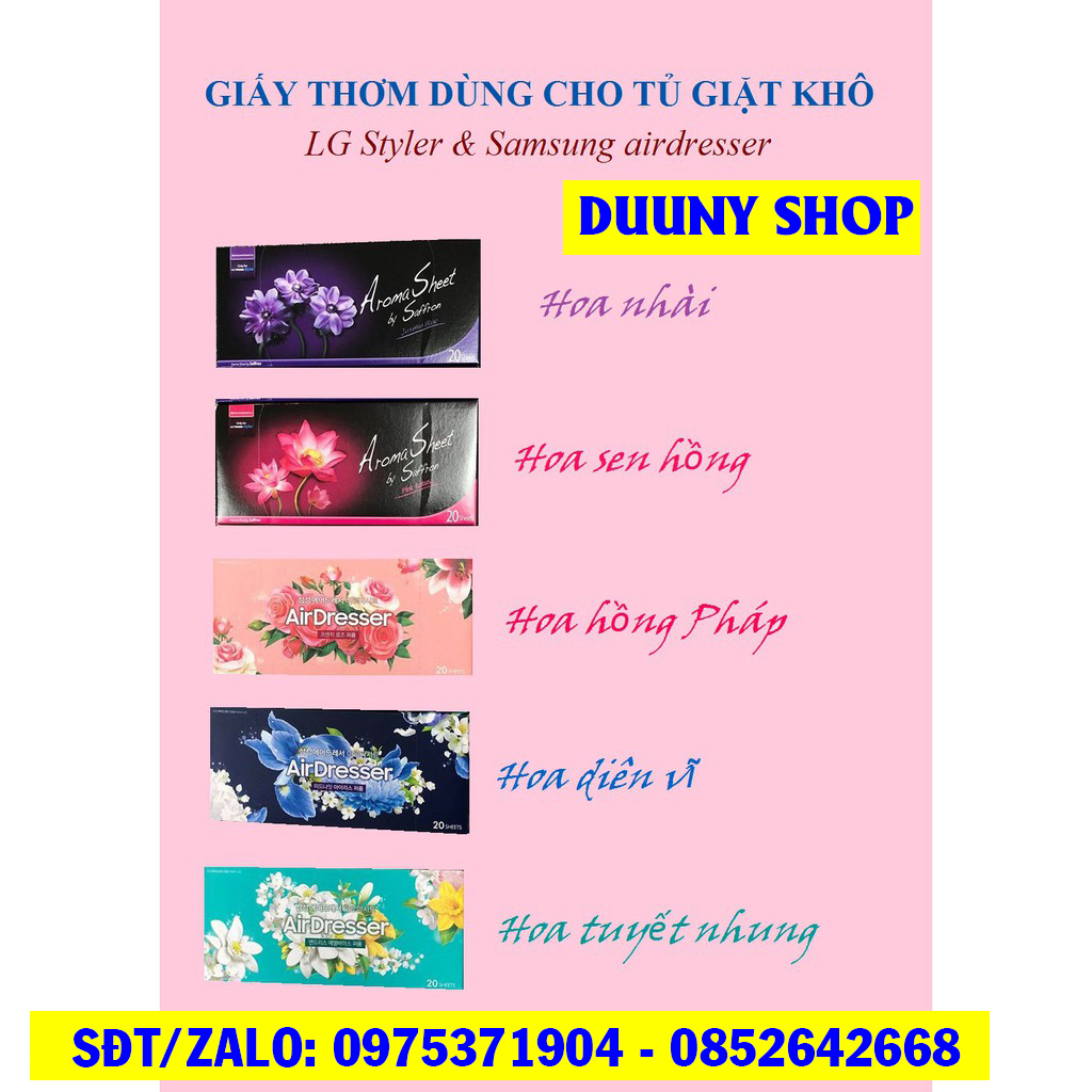 COMBO 5 HỘP GIẤY THƠM AROMA SHEET, AIR.DRESSER, GIẤY THƠM QUẦN ÁO DÙNG CHO MÁY GIẶT KHÔ L.G STYLER, SAM.SUNG AIRDRESSER