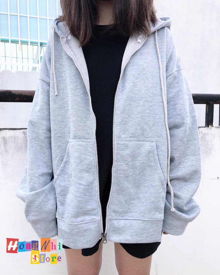 Áo Khoác Hoodie Zip Trơn Oversize Ulzzang Unisex Hoodie Dây Kéo Màu Xám Dáng Rộng - MM
