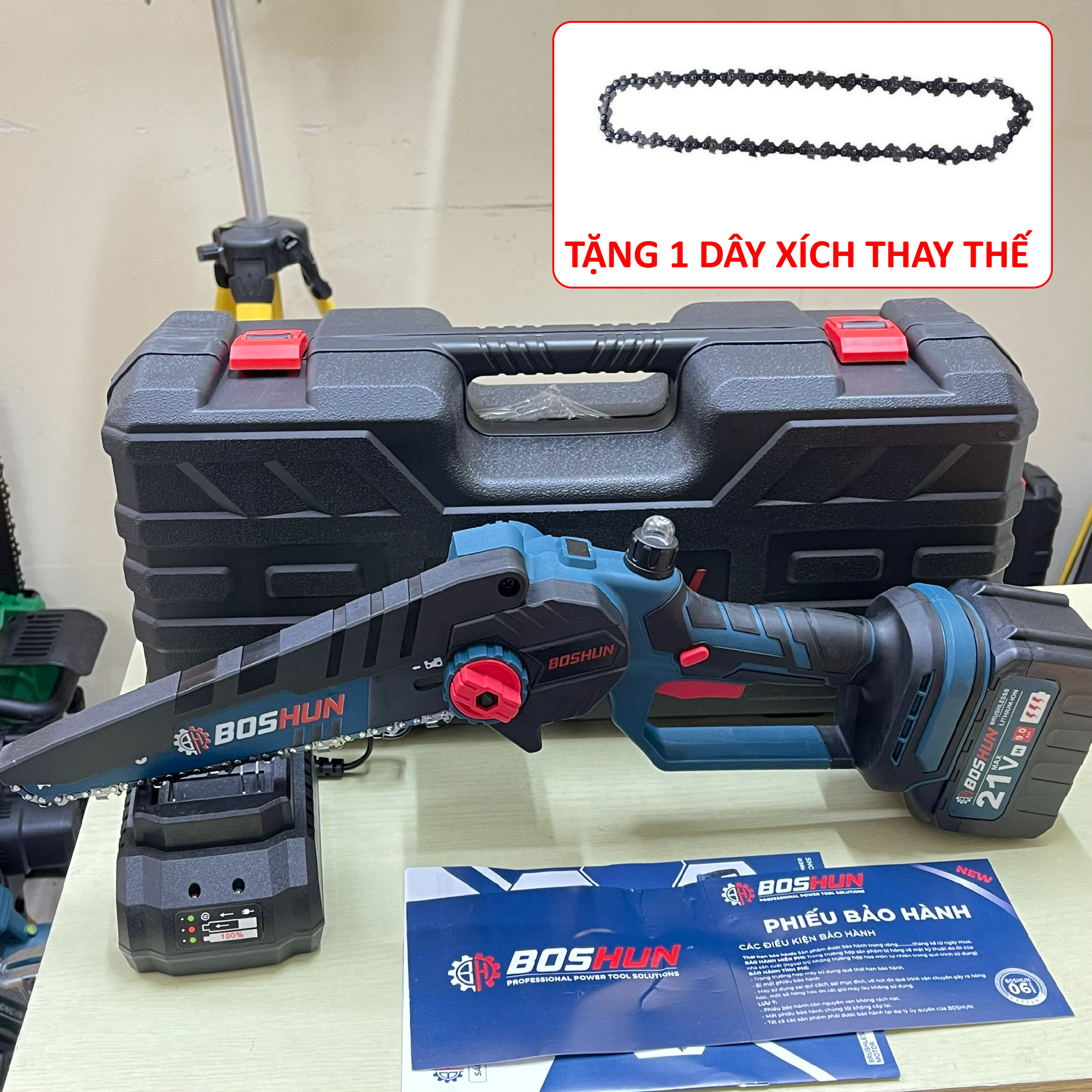 [TẶNG XÍCH THAY THẾ] Máy Cưa Xích Dùng Pin BOSHUN BS-CS08 mẫu mới 2024, Không chổi than siêu bền, Ruột đồng, lam xích 8inch