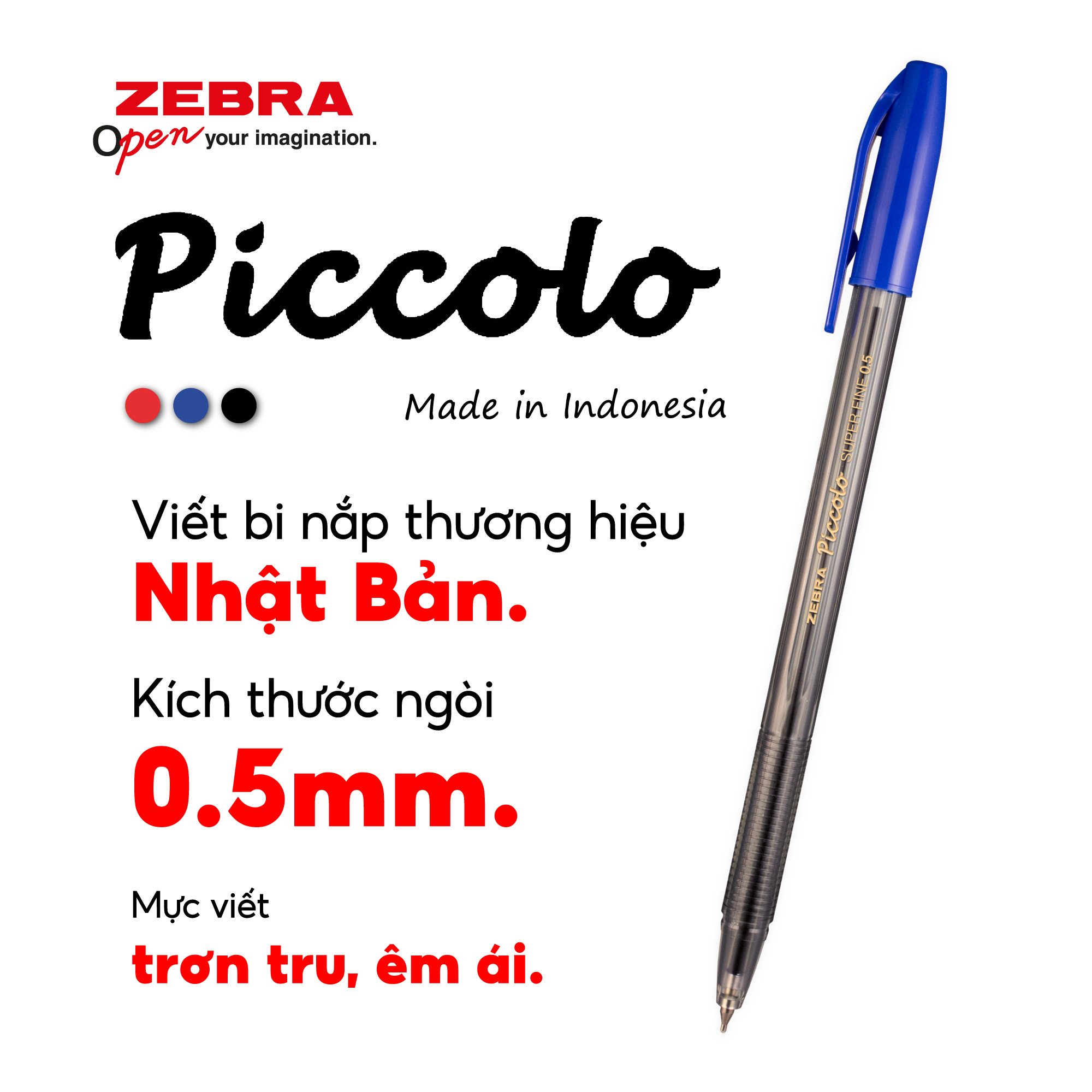 Viết bi nắp Piccolo 0.5mm xanh/đen/đỏ - Zebra