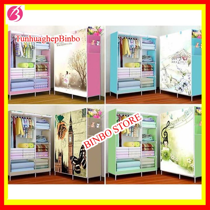 Tủ đựng quần áo, Tủ vải họa tiết 3D 2 buồng 6 ngăn cao cấp, Tủ vải đựng quần áo khung sắt cực gọn nhẹ và tiện lợi
