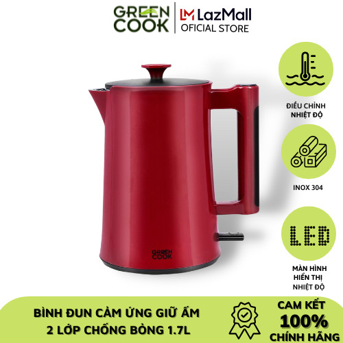 Bình đun cao cấp giữ nhiệt theo nhiệt độ tùy chỉnh inox 304 nguyên khối 2 lớp, 1,7L Green Cook GCEK-17S18D - Hàng chính hãng greencook