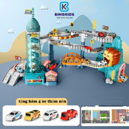Đồ chơi đường đua siêu tốc hầm sư tử tặng kèm  4 xe và thảm đáy_Đồ chơi Bingkids