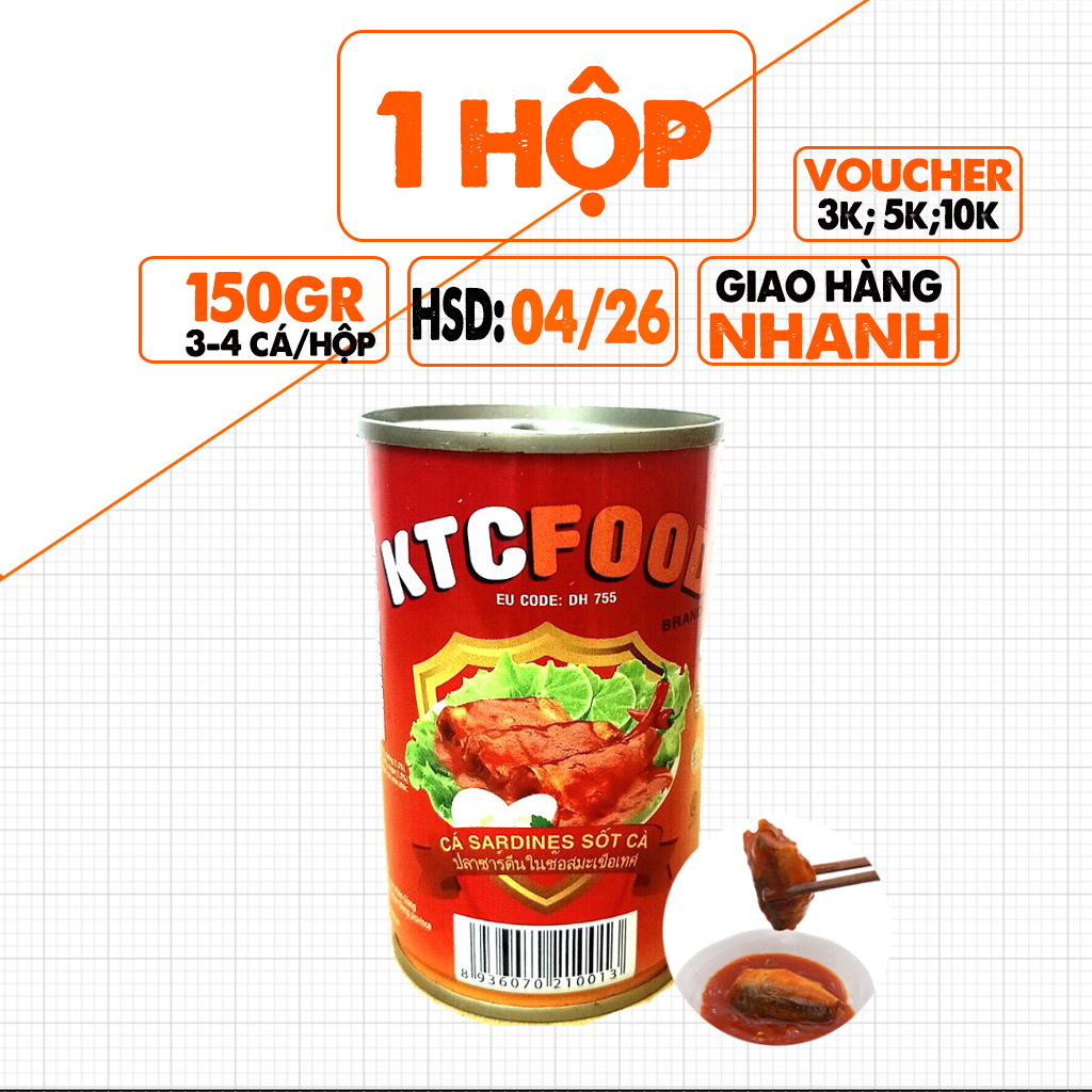 Hộp Cá Mòi Sốt Cà Hiệu KTC Kiên Giang Đóng Lon 145g, Vị Chua Ngọt, Date 10/2025