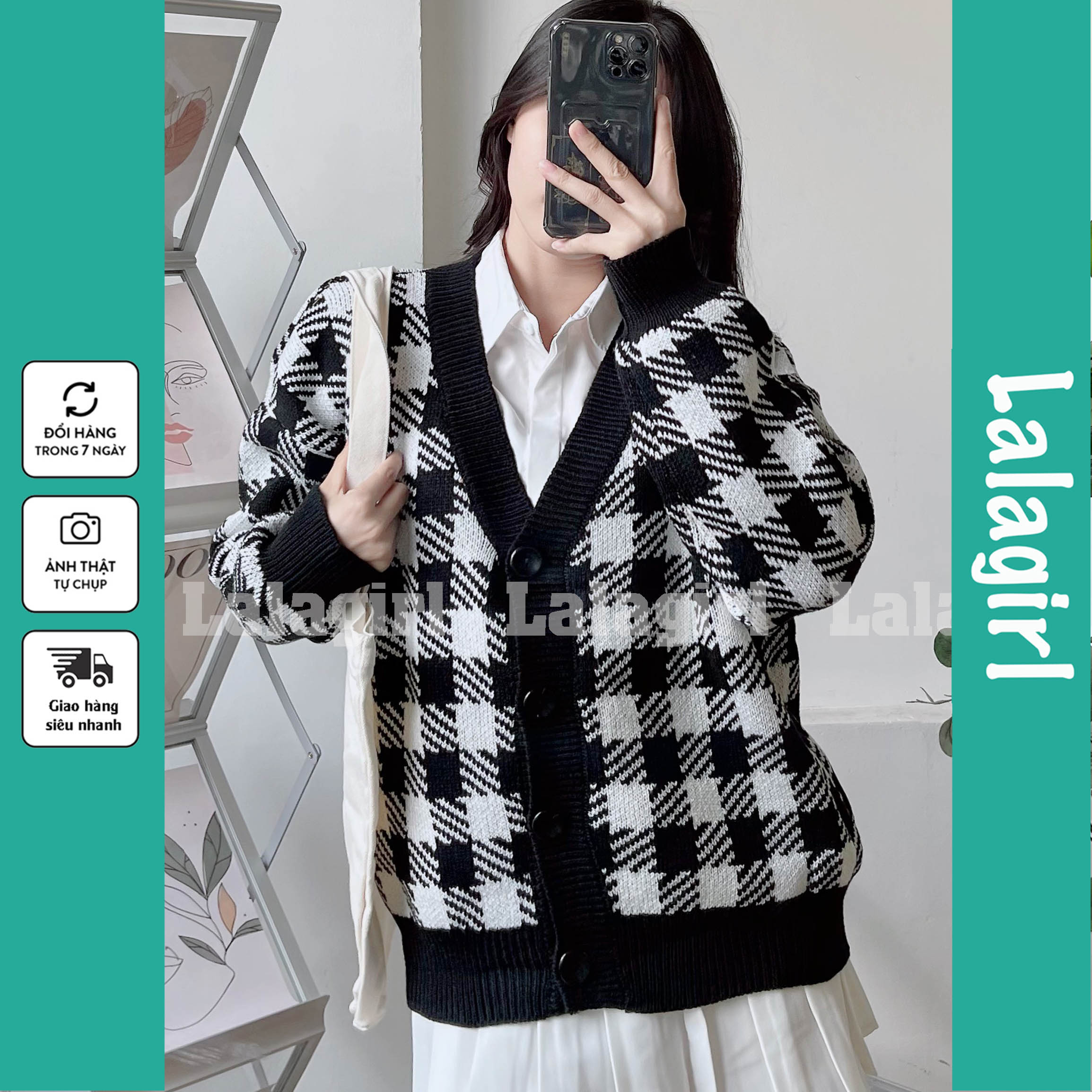 Áo khoác len nữ áo cardigan nữ form rộng dáng dài kẻ caro đen trắng