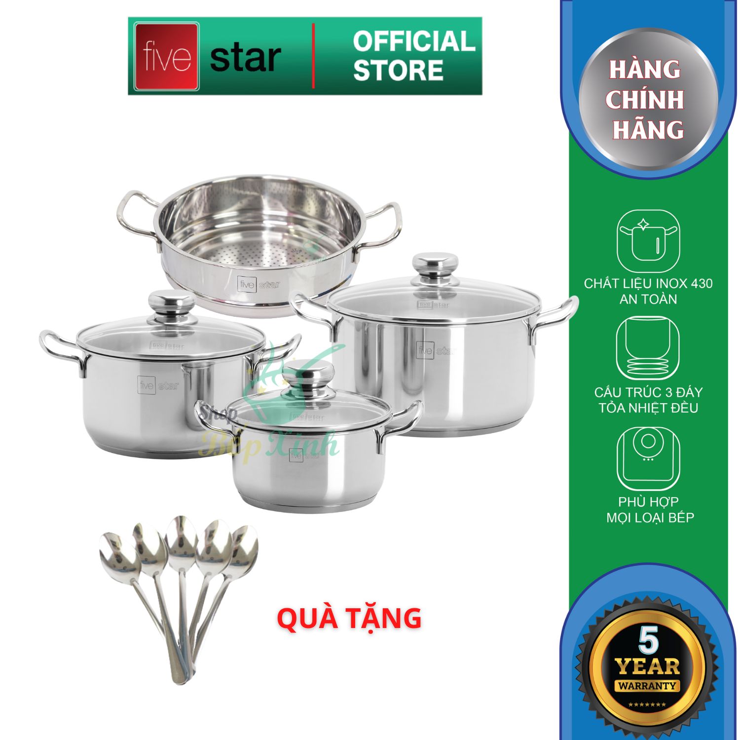 Bộ nồi và xửng hấp 3 đáy inox 430 cao cấp Fivestar Standard 4 món nắp kính , dùng được mọi bếp , tặng 5 muỗng ăn
