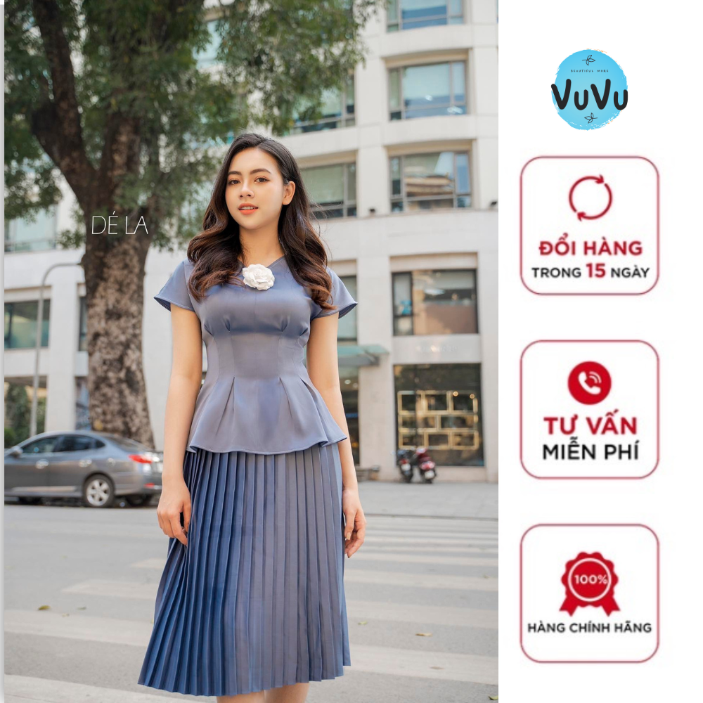 Set áo bo eo mix chân váy dập ly vải lụa cao cấp hàng thiết kế